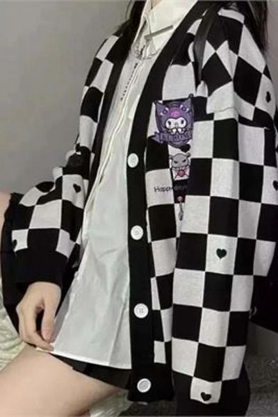 Köstebek Anime Kuromi Black Checkered Cardigan