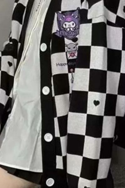 Köstebek Anime Kuromi Black Checkered Cardigan