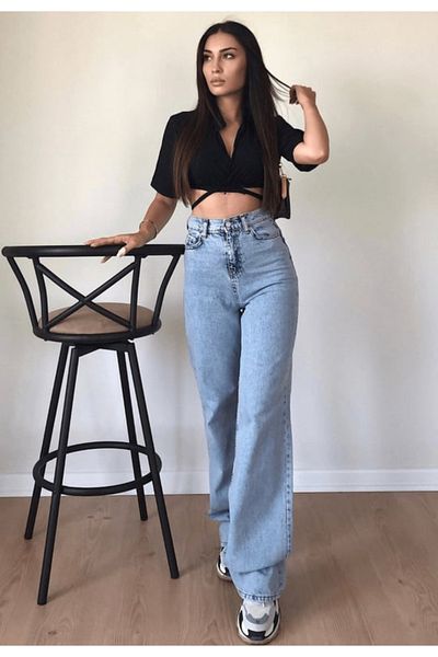BESTFULL Pantaloni de jeans cu talie super înaltă, albastru deschis, cu spălare pe zăpadă