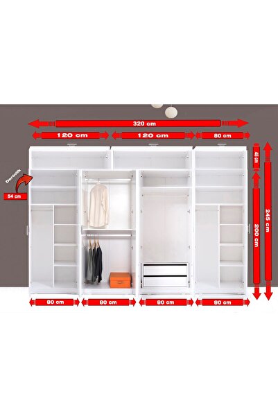 Kenyap Plus 812520 Stella 8 Kapaklı 2 Çekmeceli Yüklüklü Gardırop 4 Modüllü 320 X 245 Cm - Parlak