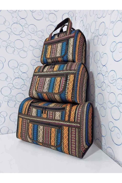 çaymekani 3'lü Otantik Hasır Model Kamp,Piknik,Aile El Çantası Renkli