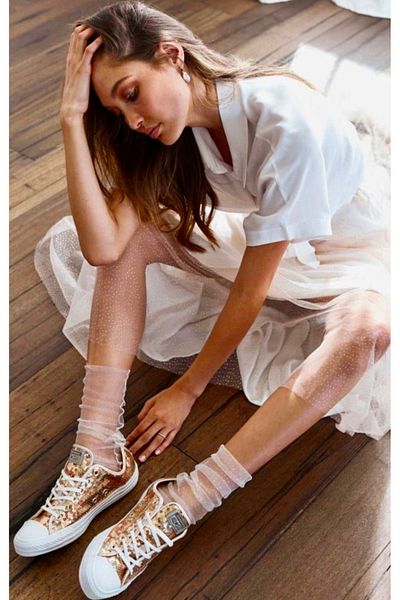 VENÜS MODA by Pınar Glittery White Bridal Socks - Tulle Socks