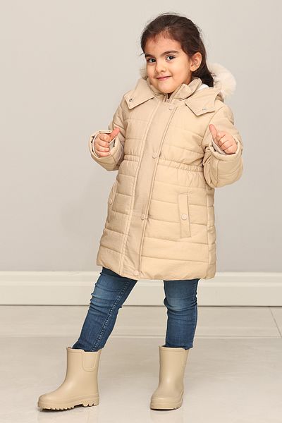 Mika Bebek & Çocuk Thick Fiber Filled Water Wind And Rain Proof Hooded Girl's Beige Color Winter Luxury Puffer Coat