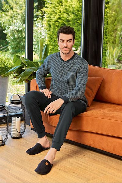 Aydoğan Lodos Store Ανδρικό σετ πιτζάμες με μακρυμάνικο μακρυμάνικο με δύο κλωστές, τετράγωνο σχέδιο Navy