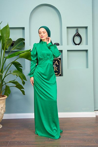 Hülya Keser Neon Green Kobe Satin Evening Dress - Feather Detail