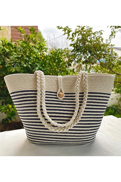 çanta tasarımcısı Askılı Krem Siyah Hasır Kordon İp Çanta