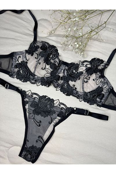 ROZENİN LINGERIE Set sutien transparent din tul fără cupă, cu sârmă, florală, neagră (SUTIEN TANGA)