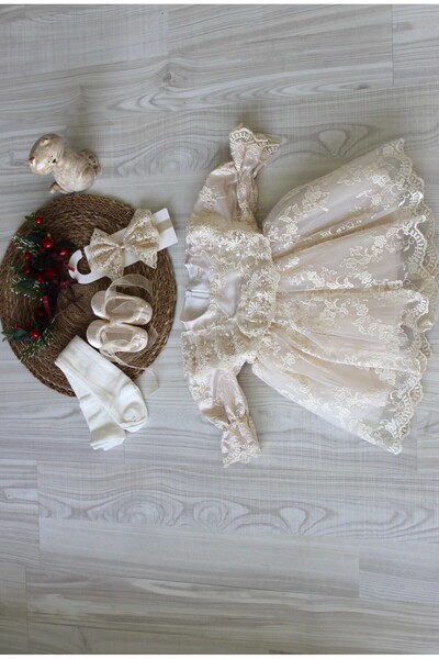 Pugi Baby Orkide Barbosa Baby Girl Laced Dress Set - Newborn Luxury, Hospital Release and Mevlütlük