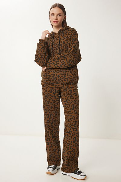 Lovelyİstanbul Leopard Print Hooded Tracksuit - Brown Black Lfn0075