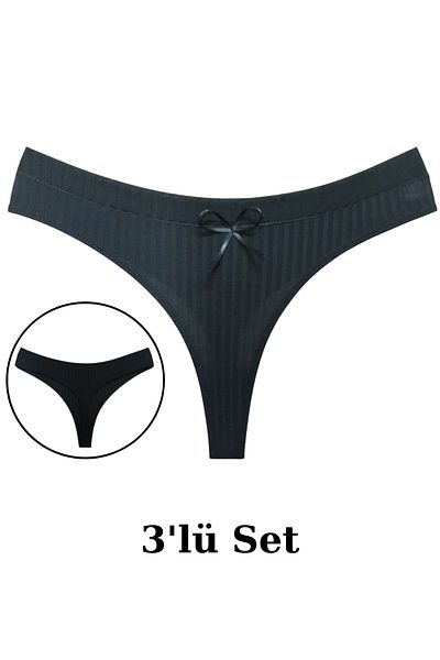 PJ & Me Thin Corded Black Color 100% Cotton 3-Piece Women's String Set