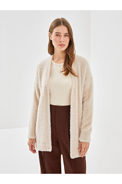 LC Waikiki Ekru Şal Yaka Düz Uzun Kollu Kadın Pelüş Hırka