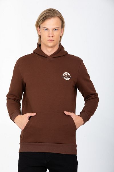 DYNAMO Men's Brown Hooded Kangaroo Pocket Ribbed Regular/Normal Cut Cotton Sweatshirt 6740