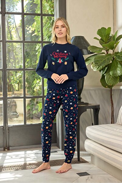 Aydoğan Lodos Store Aydoğan Жіночий комплект піжами з довгими рукавами з бавовни з різдвяним малюнком