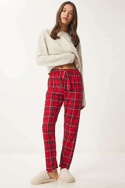 Lovelyİstanbul Red Ecru Patterned Soft Sleepwear Bottom - Lce0002
