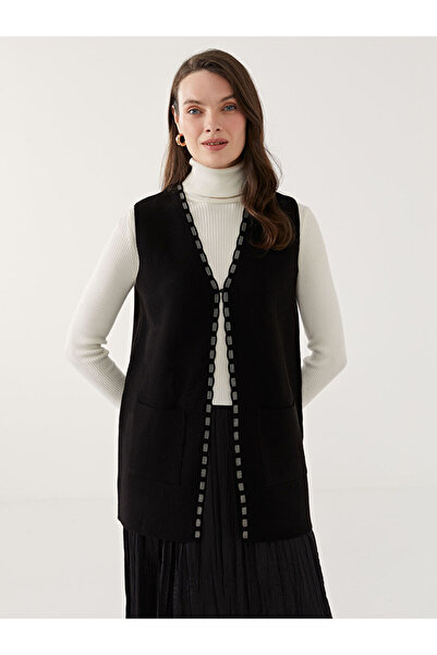 LC Waikiki Black V-Neck Patterned Women's Knitwear Vest