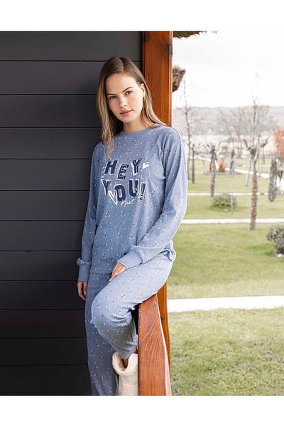 Aydoğan Set de pijamale cu nervuri din bumbac Aydoğan pentru femei - mânecă lungă, model Motto, magazin Lodos