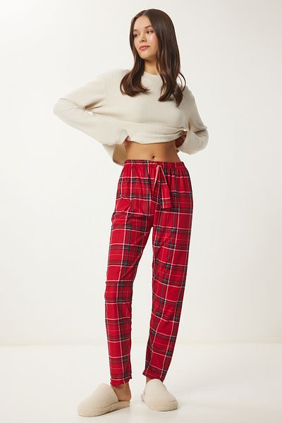 Lovelyİstanbul Red Ecru Patterned Soft Sleepwear Bottom - Lce0002