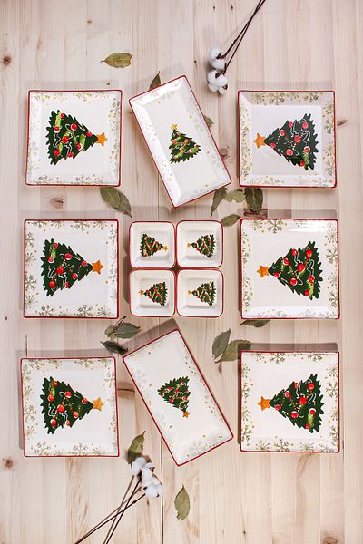 Sezka Life New Year's Series - 12-Piece Presentation Set for 6 People, Square Cookie Bowl and Cake Plate