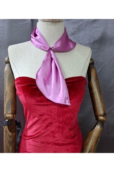 Qrsln Ροντζά Μωβ Σατέν Κασκόλ - Γραβάτα Λαιμόκοψη και Λιλά