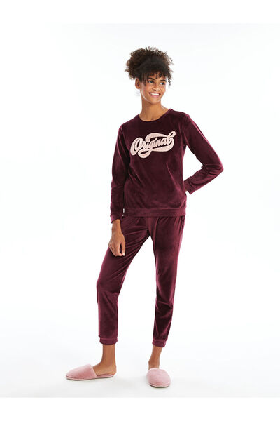 LC Waikiki Crew Neck Embroidered Velvet Women's Pajamas