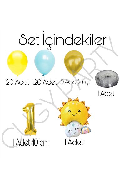CUGY Boy and Girl Birthday Set Yellow Blue Balloon with Gold Detail Sun Figure Age Number
