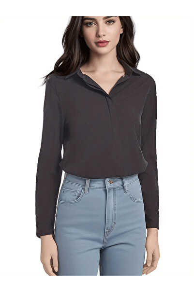 Moda Monisa Μαύρο κανονικό γυναικείο πουκάμισο |   Ύφασμα Τερικοτόν |   Καθημ...