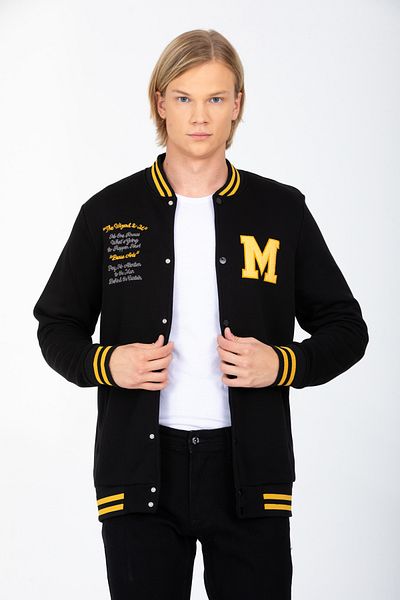 DYNAMO Men's Black College Collar Bomber Regular/Normal Cut Ribbed Cotton Sweatshirt 6755