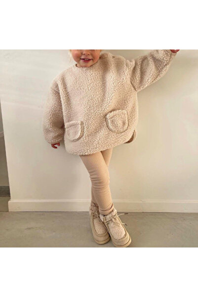Kindo kız çocuk omuzda düğme detaylı cepli peluş sweatshirt fitilli taytlı al...