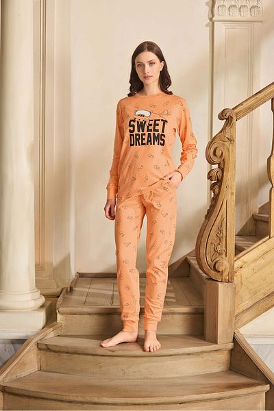 Aydoğan Lodos Store Aydoğan Women's Long Sleeve Cotton Rib Pajamas Set with Cat Pattern