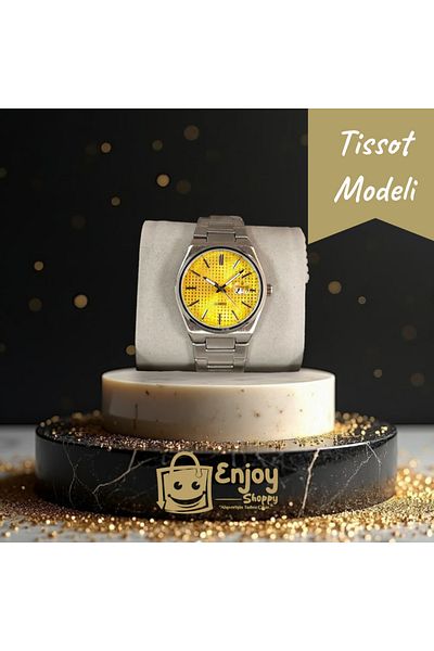 Enjoy ساعة يد رجالية من الفولاذ موديل تيسو باللون الأصفر مع ساعة تقويمية