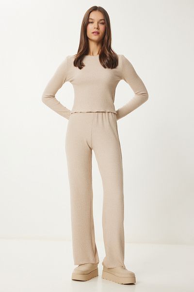 Lovelyİstanbul Yumoş Crop Loose Pants Knitted Suit Beige Lan0022