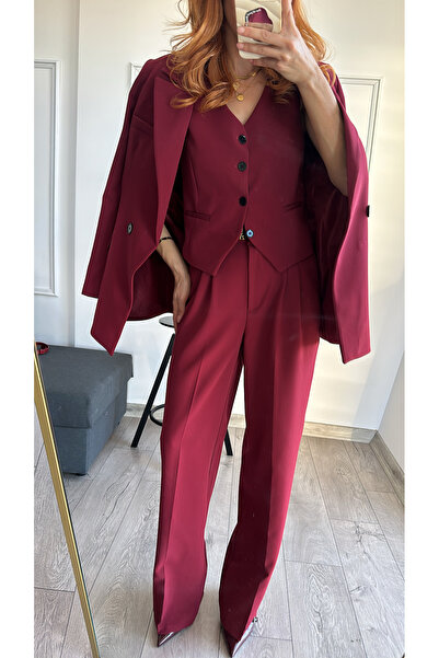 bonnline Burgundy Vest Jacket Palazzo Pants Suit