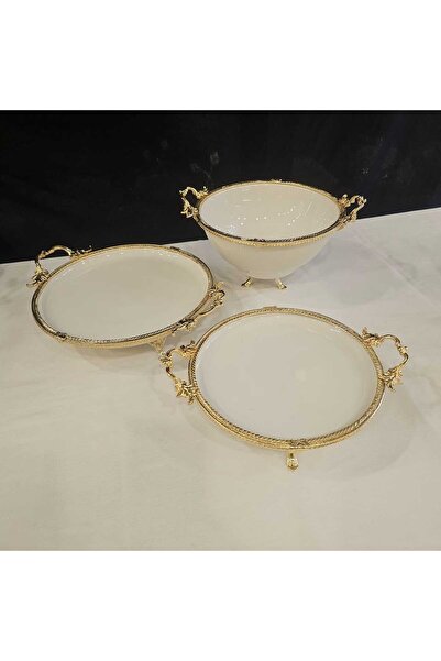 MaviDamla Gold Presentation Set - 3 Pieces Cast Metal Edge, Framed Legs Porcelain