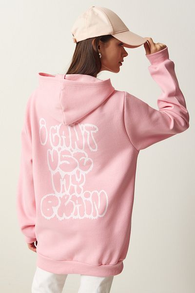 Lovelyİstanbul Light Pink Hooded Sweatshirt - Printed, Raster Low0028