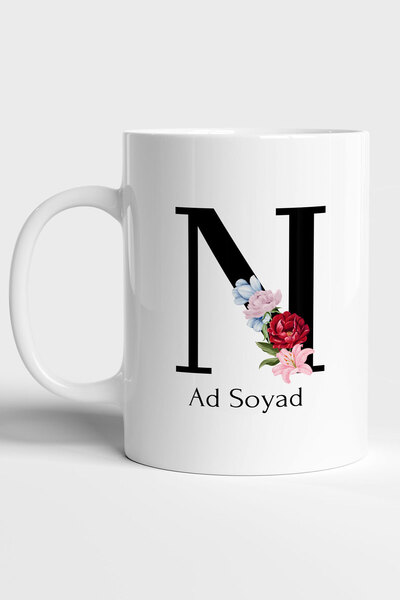 Home Çiçek Detaylı Kişiye Özel Baş Harf Ve İsimli  Beyaz Kupa Bardak