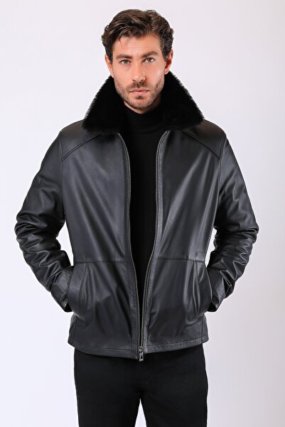 Leather Club Siyah Robert Kürk Aksesuarlı Hakiki Deri Kaban