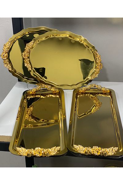 SEVA ÇELİK 2 Pieces Oval 2 Pieces Baton Shiny Gold 4-Piece Presentation Tablet