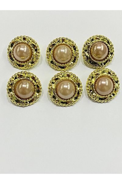 karantuhafiye Vintage Series Pearl Button Set / 2 cm Set of 6 (Gold - Dark Beige)