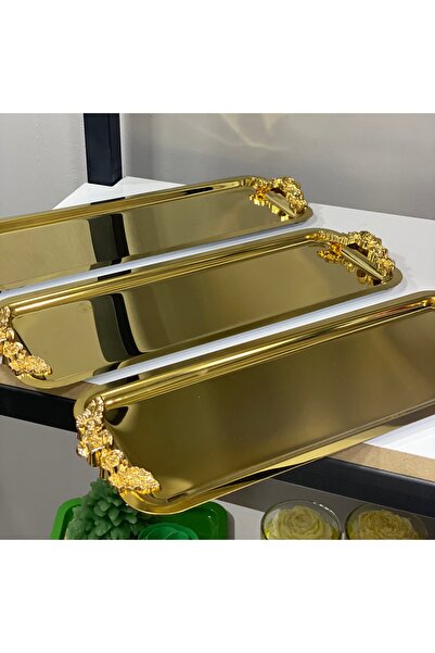 SEVA ÇELİK PARLAK GOLD 6 ADET DİKDÖRTGEN KULPLU MODEL SERVİS VE SUNUM TEPSİSİ