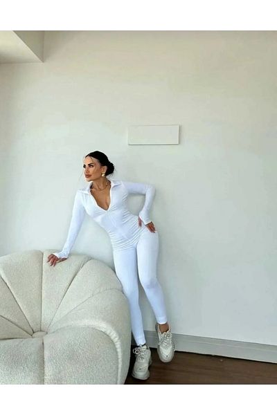 Zula Moda Λευκή φόρμα με φερμουάρ με φλις εσωτερικά