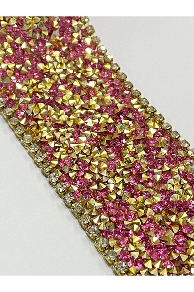 karantuhafiye Rhinestone strip / Iron-on rhinestone strip / 1 meter / 4 cm / pink-gold