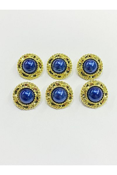 karantuhafiye Vintage Series Pearl Button Set / 2 cm Set of 6 (Gold - Dark Blue)