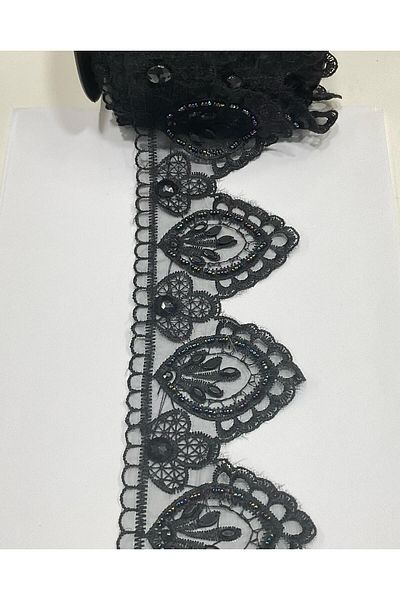 karantuhafiye Beaded Guipure Strip / Black / 1 Meter
