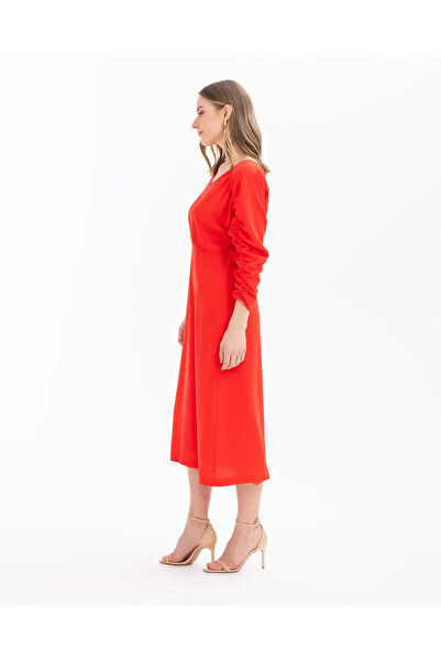 SEÇİL Red V-Neck Bat Sleeve Women's Dress