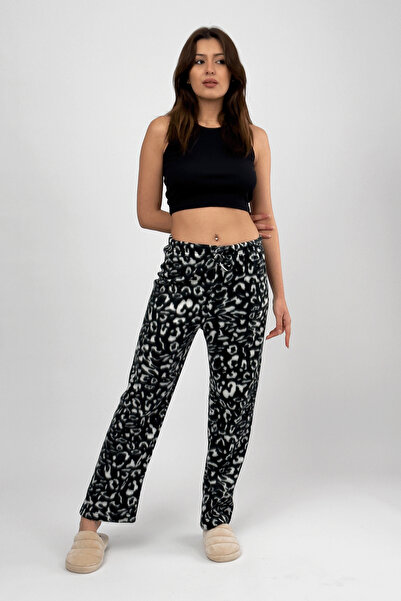 Betimoda Pantaloni de pijama din fleece pentru femei, leopard negru, cu talie elastică, cu un singur fund