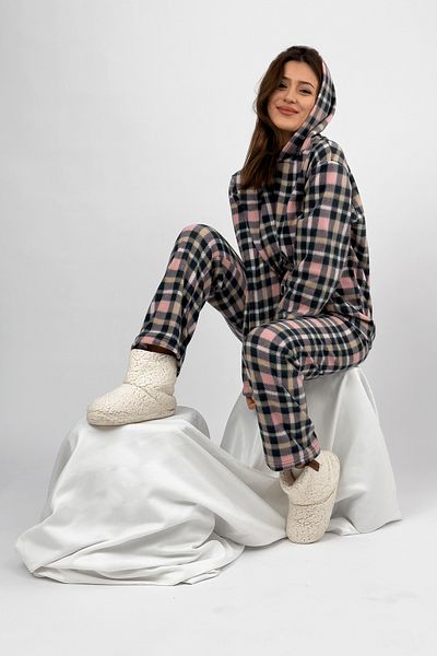 Betimoda Pink Square Print Women's Fleece Pajamas Set - Waist Hood and Elastic