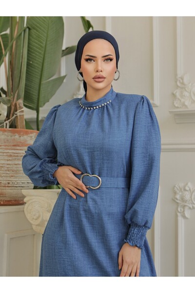 Modamorfo Lněné šaty s výstřihem zdobeným drahokamy a stahovacími rukávy a páskem – indigo