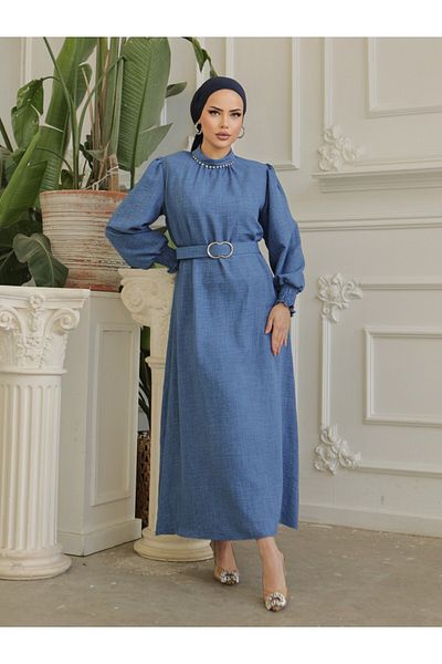 Modamorfo Jewel nyakú, összegyűjtött ujjú vászonruha övvel - indigó