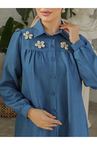 Modamorfo Robadan Gathered Special Appliqued Linen Tunic -Indigo