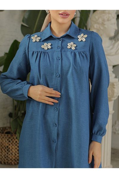 Modamorfo Robadan Gathered Special Appliqued Linen Tunic -Indigo